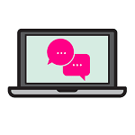 An icon of a laptop with speech bubbles on the screen, to represent the Cancer Chat forum.