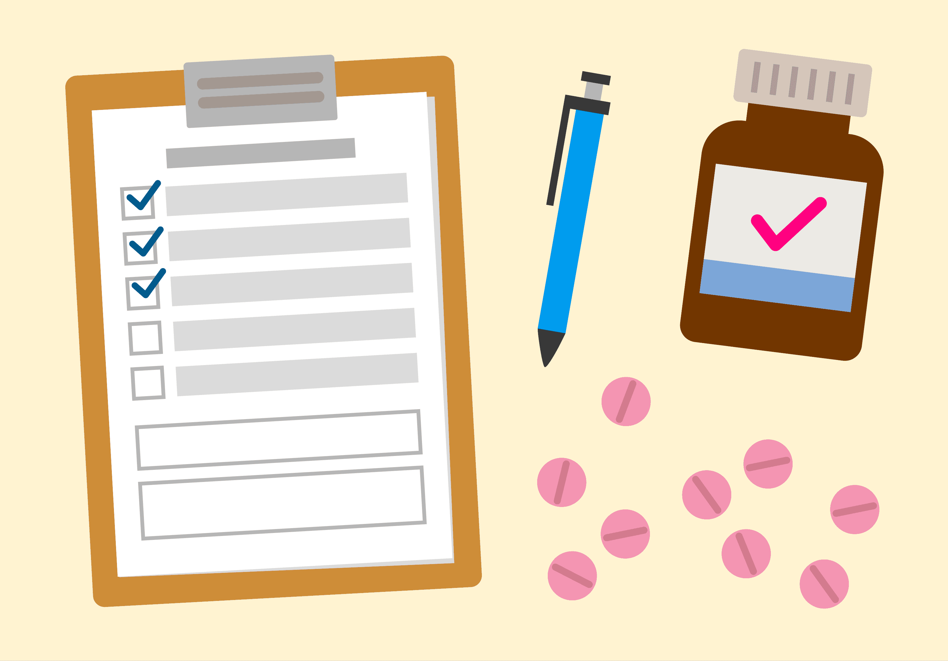 Illustration of a clipboard and medical drugs.