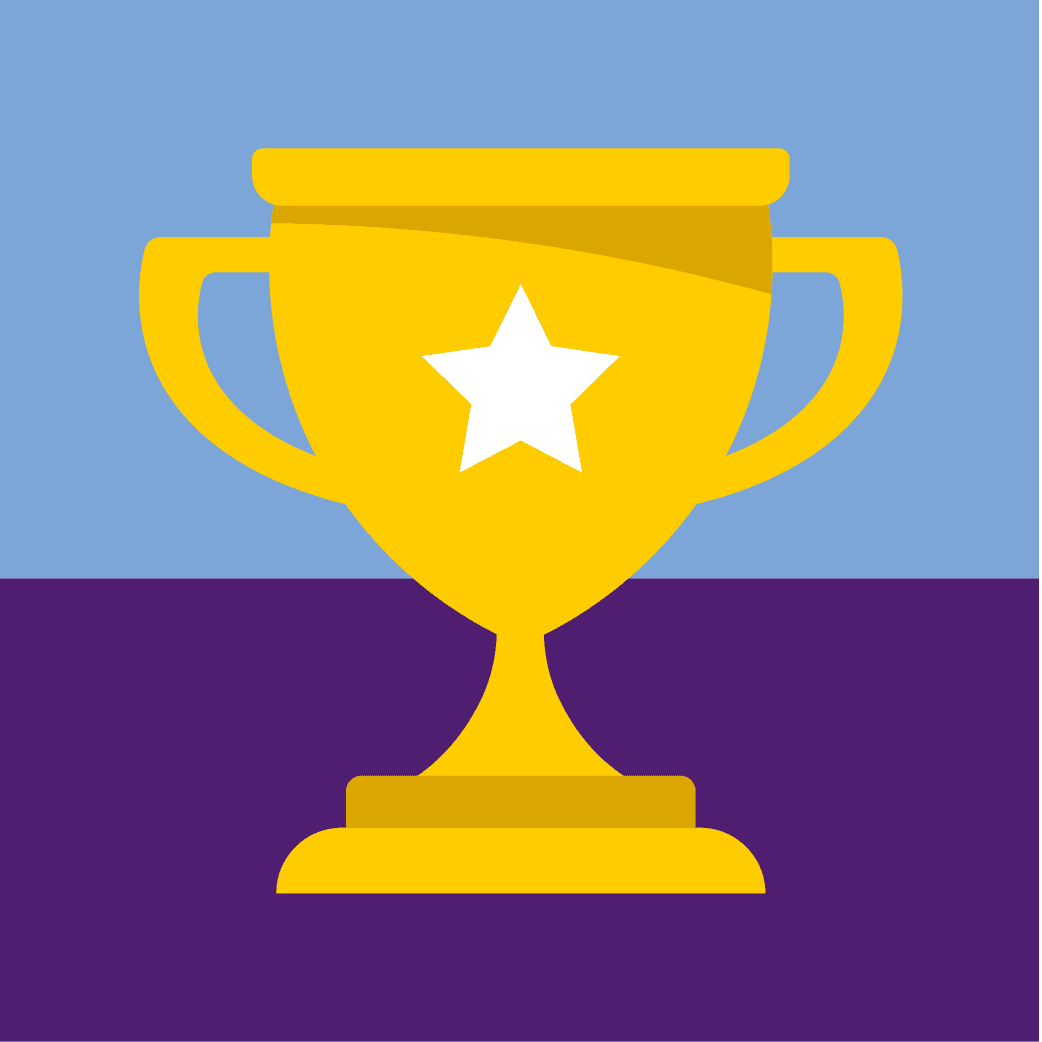 An illustration of a golden trophy standing proud in front of a blue and purple background.