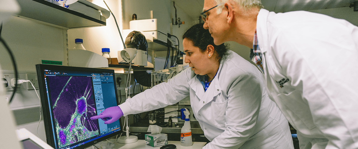 Two researchers looking at screen.