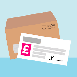 An illustration of an envelope and a cheque.