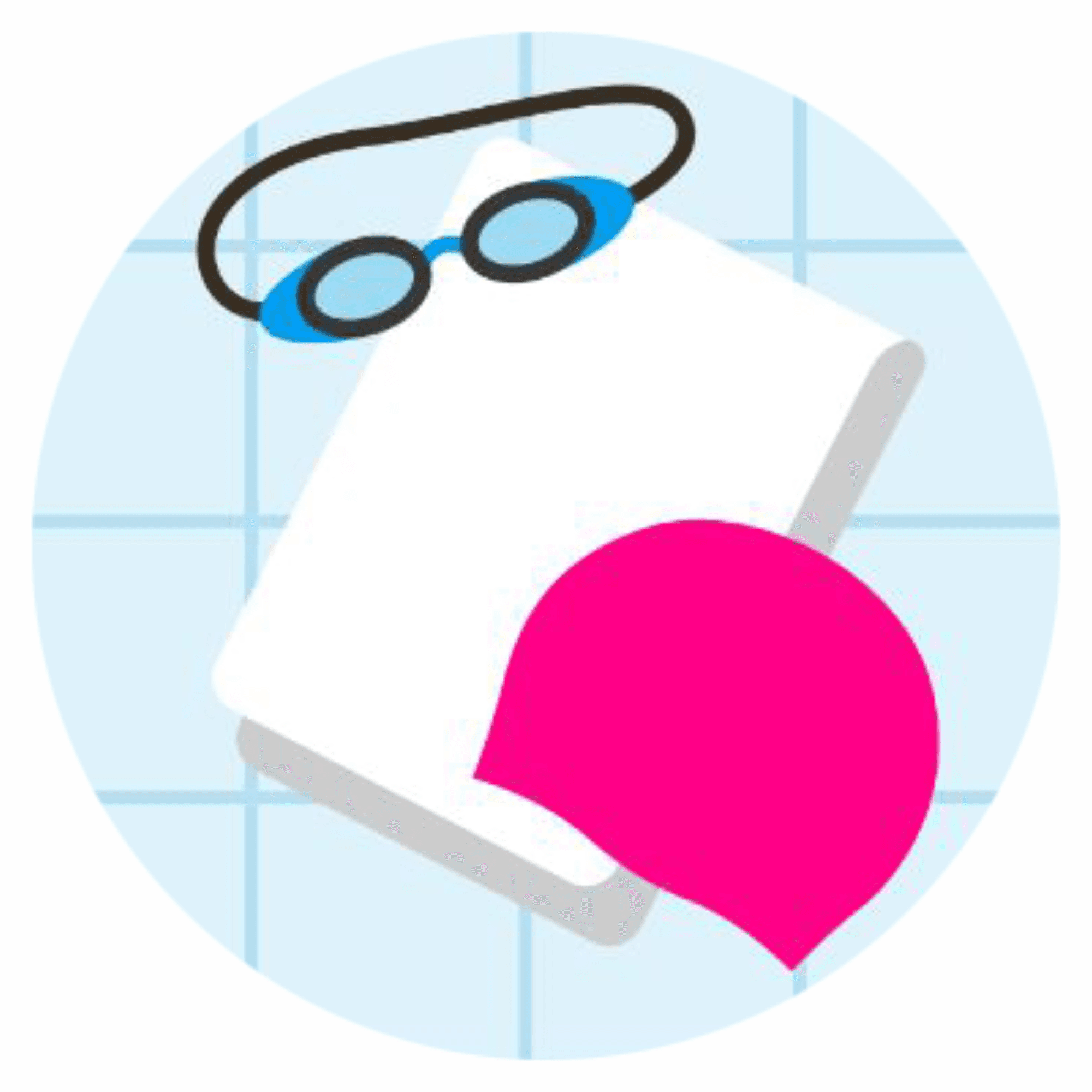 An illustration of a swimming cap, towel and googles with a pool tile design in the background.