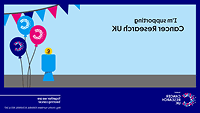 A Cancer Research UK branded video call background.