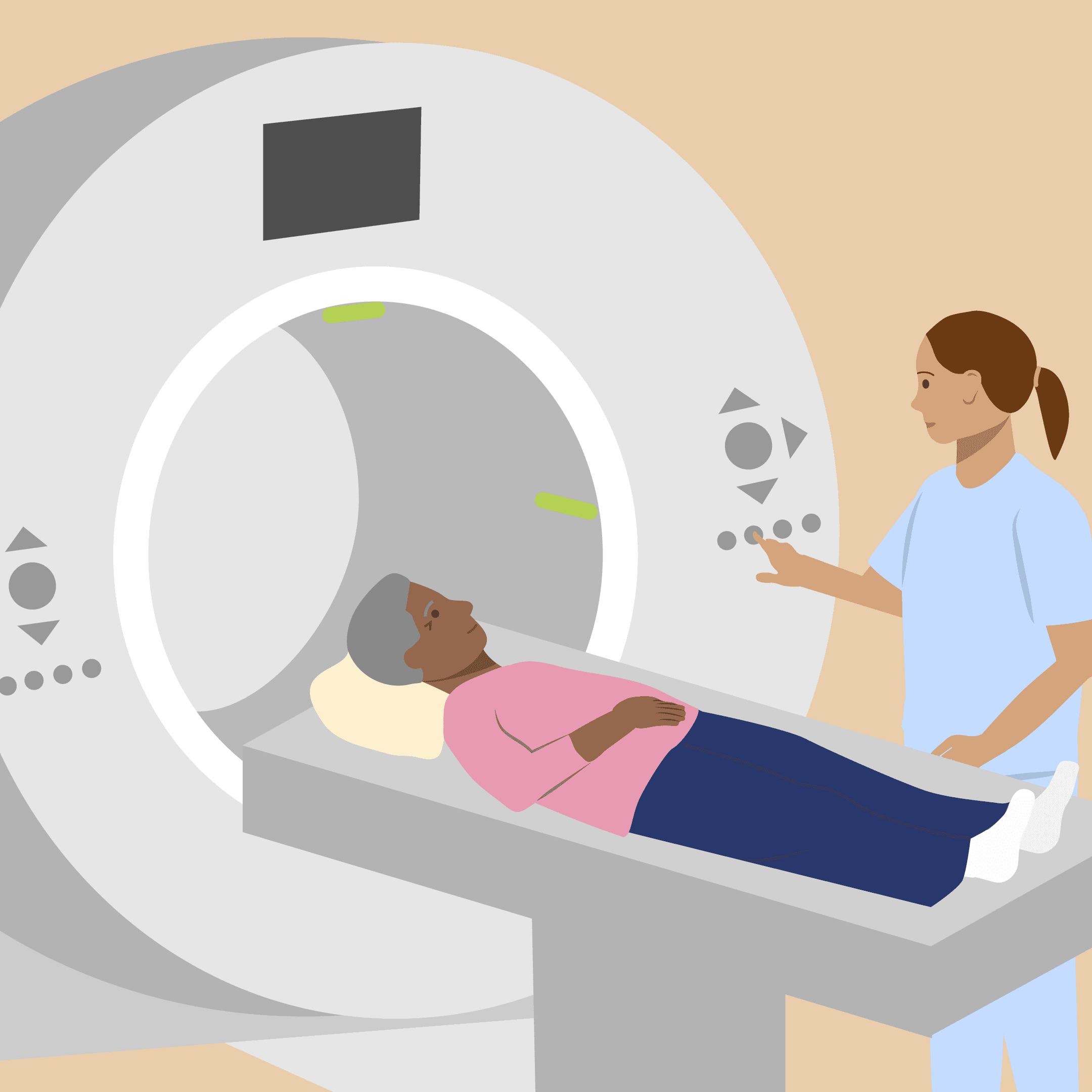 An illustration of a patient having a CT scan with a nurse standing beside operating the machine.