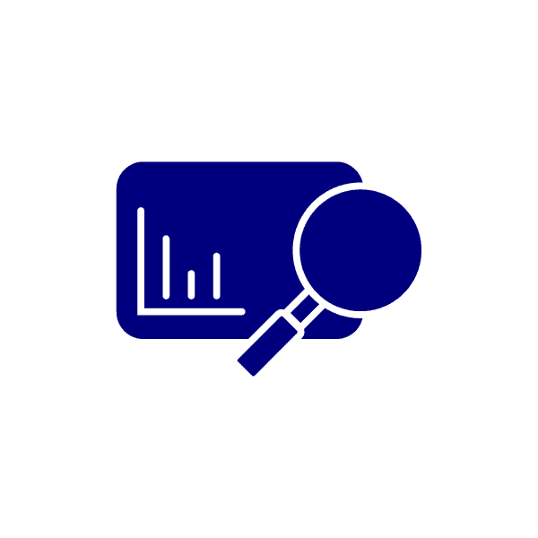 Icon indicating statistics, with a graph and a magnifying glass, in navy blue.