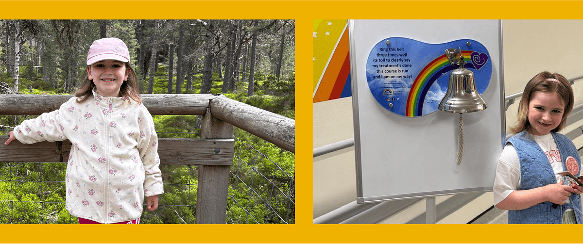 Two photos of Holly, a photo of her during her time undergoing treatment and a photo of her with a cake on her 10th birthday.