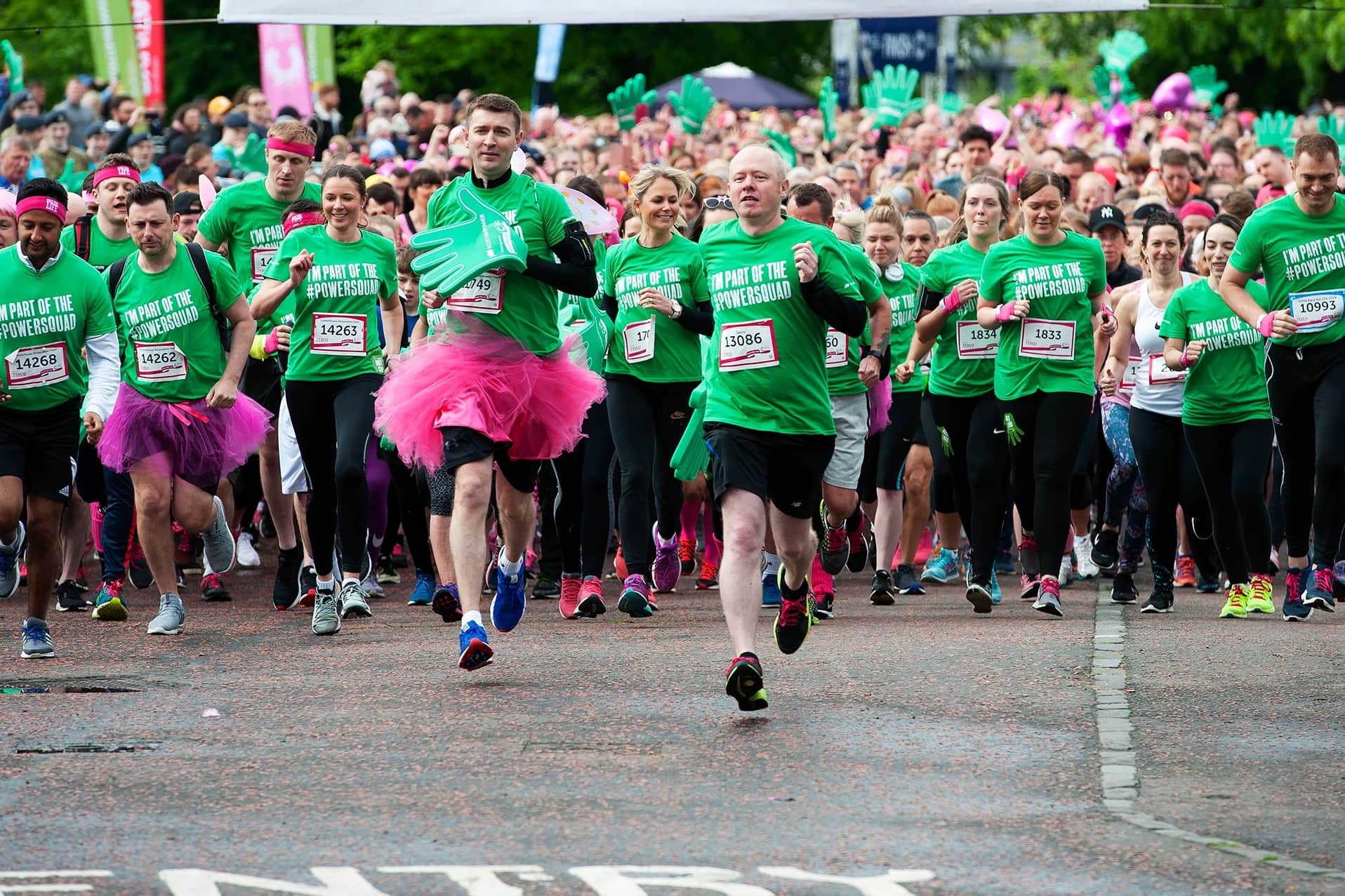 The runners at the starting line of a Scottish Power Race for Life partnership event.