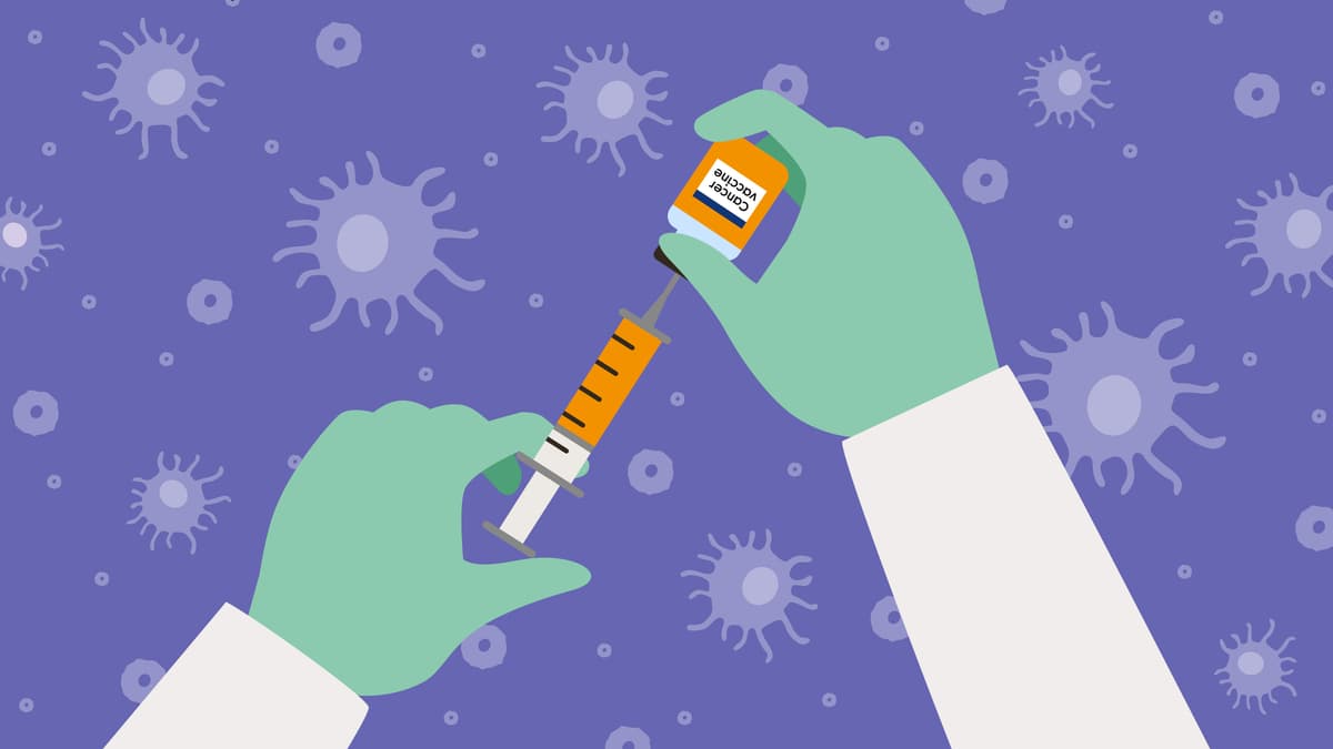Illustration of a medical professional's hands preparing a cancer vaccine.