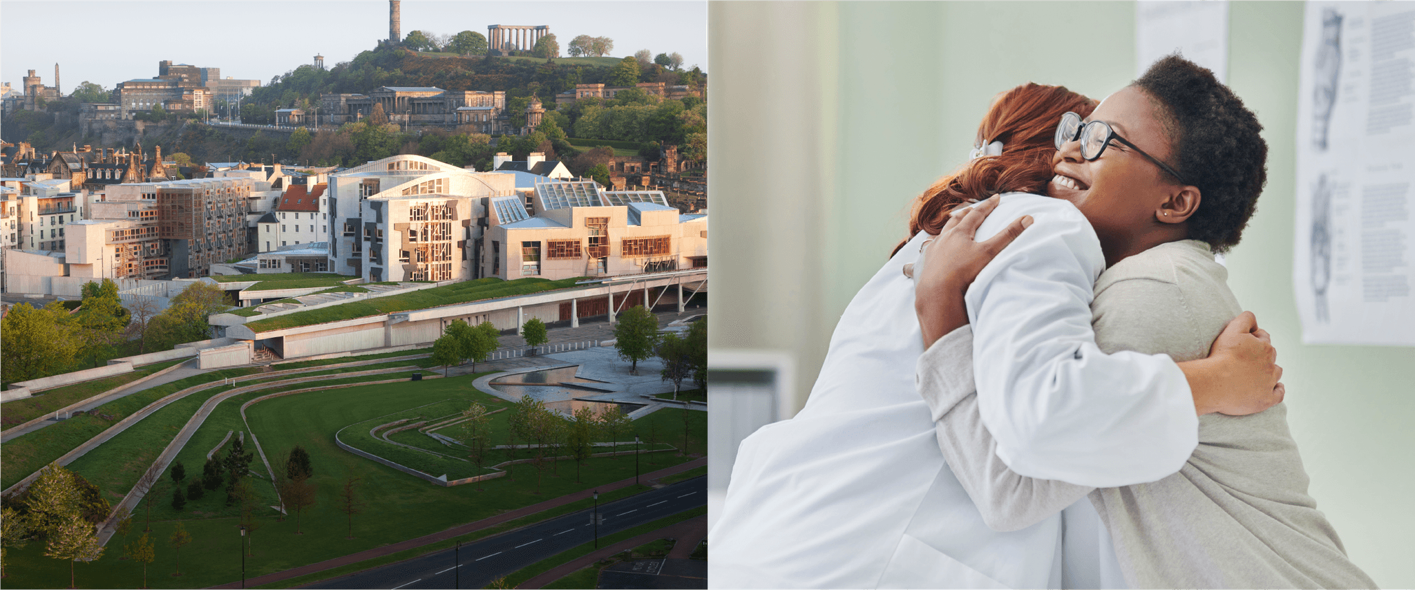 A split panel image with Holyrood, Scotland on the left and a doctor and patient hugging on the right.