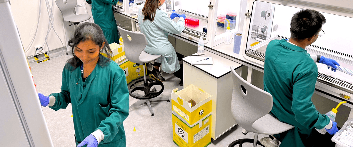 Group of researchers working together in a lab.