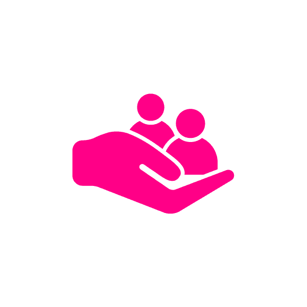 Magenta icon of hand holding two people.