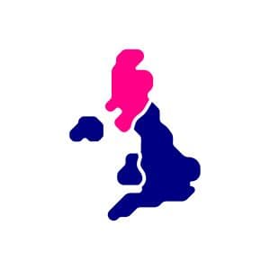 A navy blue icon of the UK with Scotland in magenta.