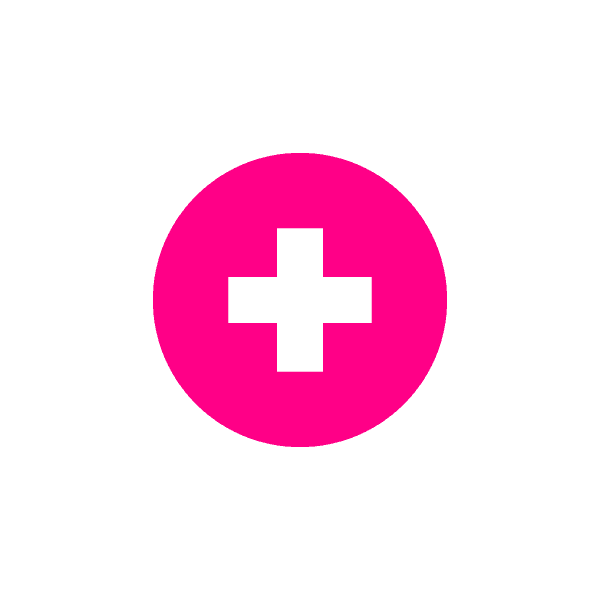 Magenta circle with white medical cross icon.