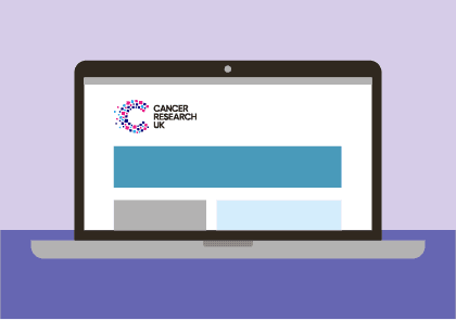 An illustration of laptop with the Cancer Research logo on the screen.