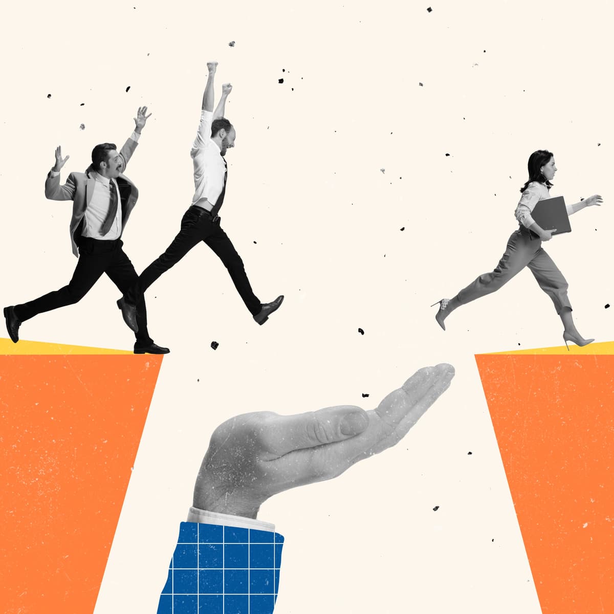 An image of several people jumping over a large gap with a hand positioned under the gap to help them across.