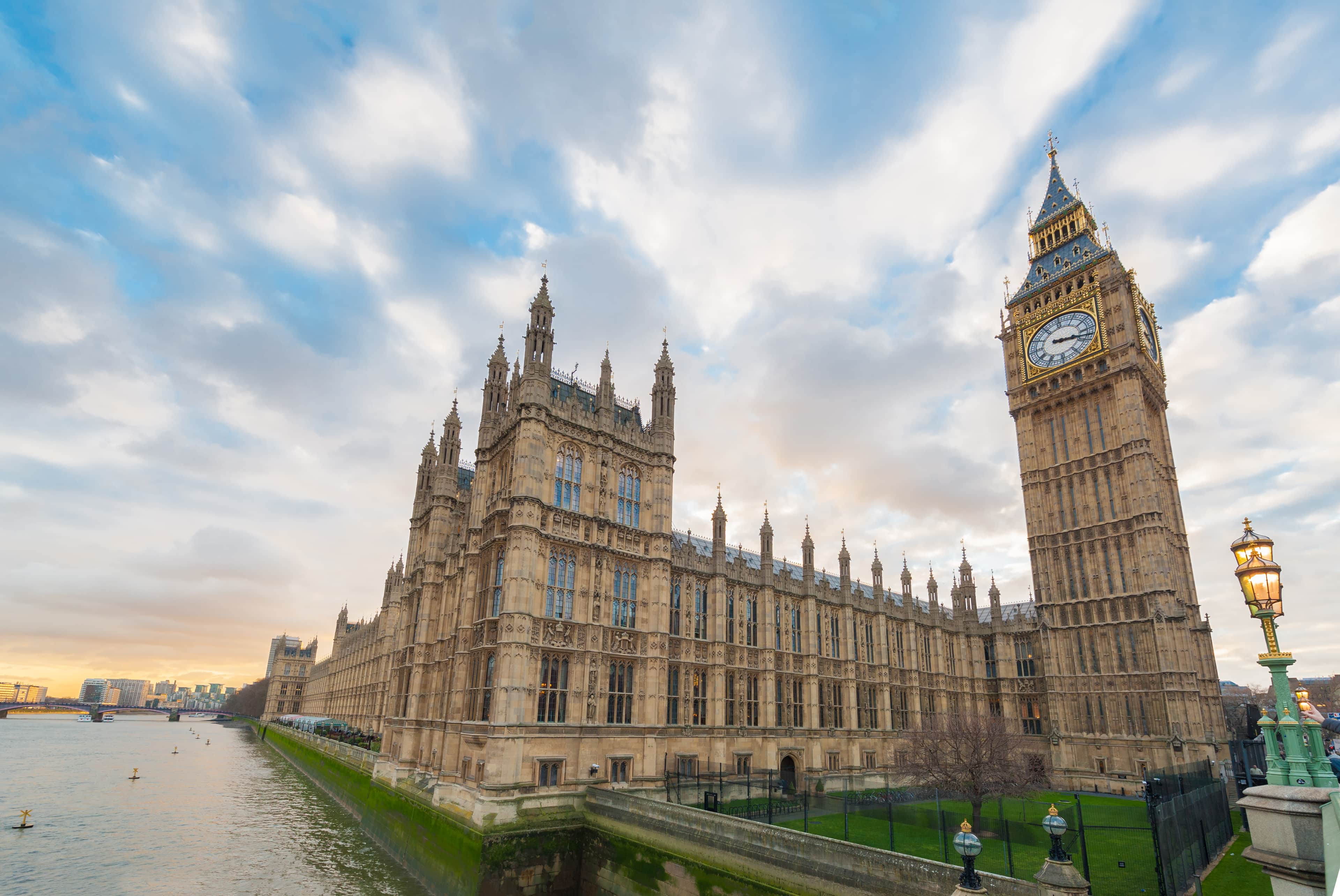 Low angle view of Big Ben and the Houses of Parliament.
