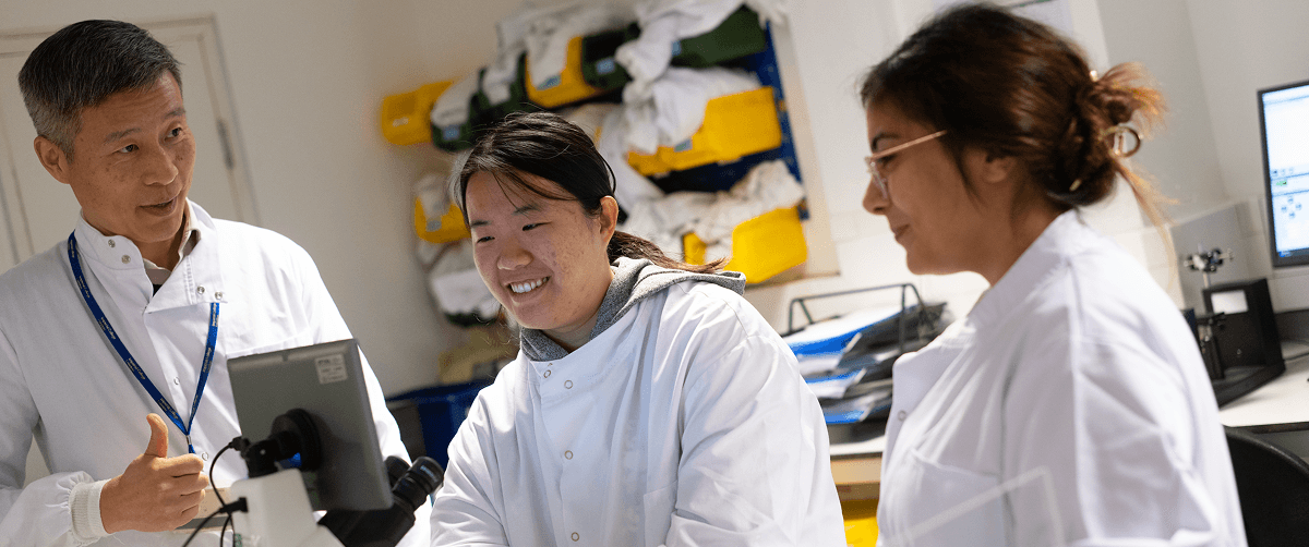 Three researchers having a discussion in the lab.