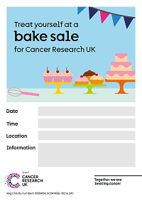 A Cancer Research UK poster that reads Treat yourself at a bake sale for Cancer Research UK.