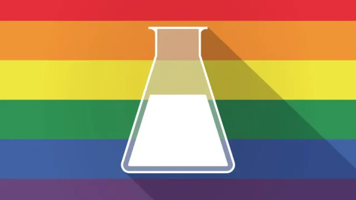 Icon of beaker on background of pride rainbow.