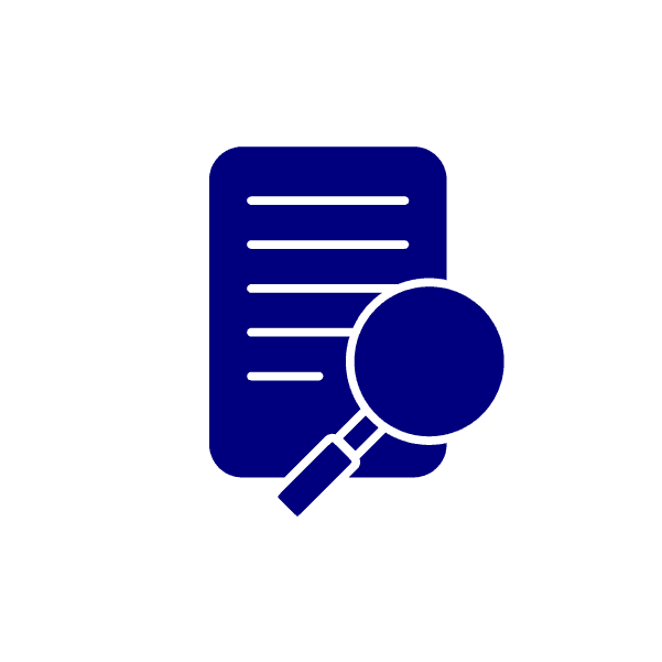 An icon of of a form being looked at with a magnifying glass.
