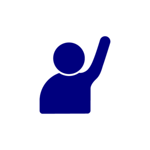 Icon showing navy blue figure with arm in the air