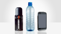 deoderant, plastic bottle and mobile phone