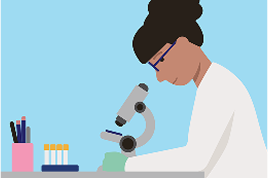 Illustration of scientist working in a lab, using a microscope