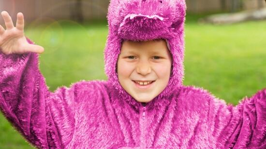 A photo of a child in a pink dinosaur fancy dress outfit