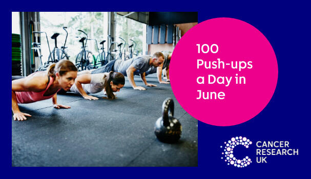 A banner with a group of people doing push-ups on it with text that reads "100 Push-Ups a Day in June"