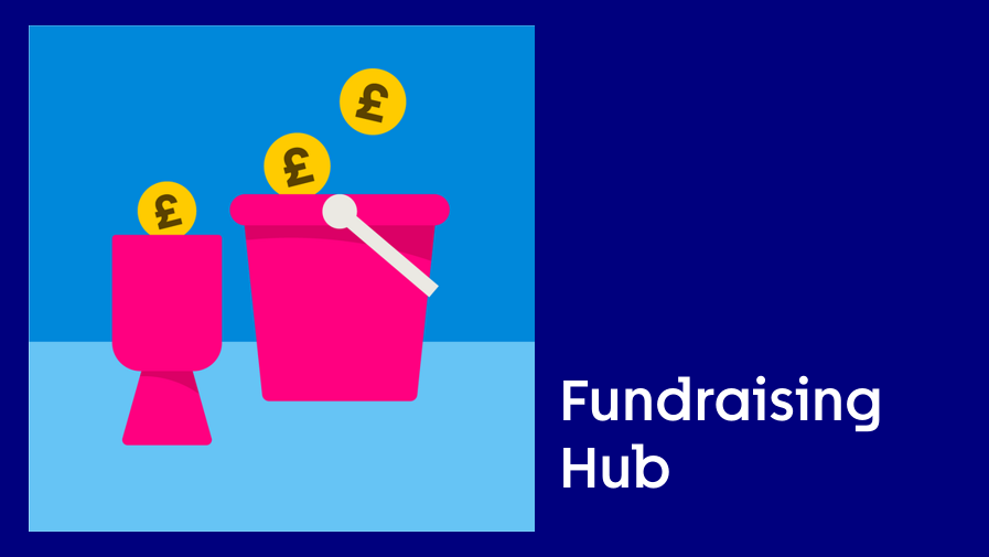 Banner with an illustration of a donation bucket on it and text that reads "Fundraising hub"
