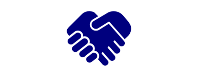 Icon of two hands shaking, in navy blue