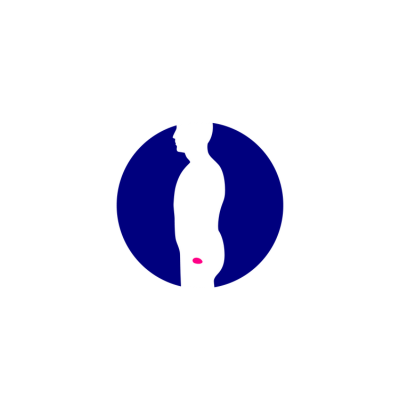 White silhouette of a body in navy blue circle with prostate area highlighted in pink