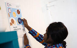 A photo of a person putting up a fundraising poster