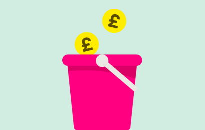 Illustration of pink bucket with gold coins coming out of the top