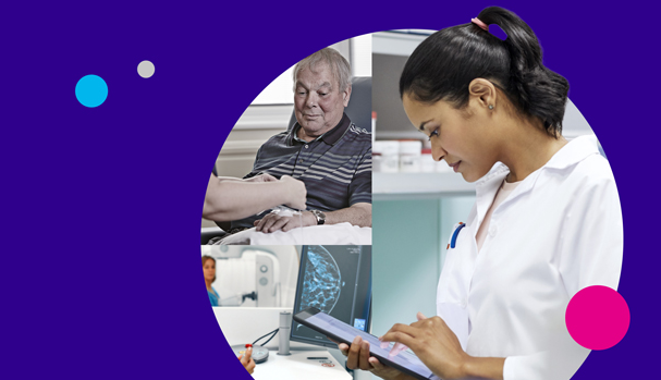 Collage image of woman working on tablet, patient receiving an infusion, screen with a scan. Blue background with small pink, blue and grey dots.