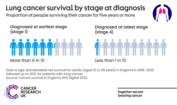Lung cancer survival by stage at diagnosis